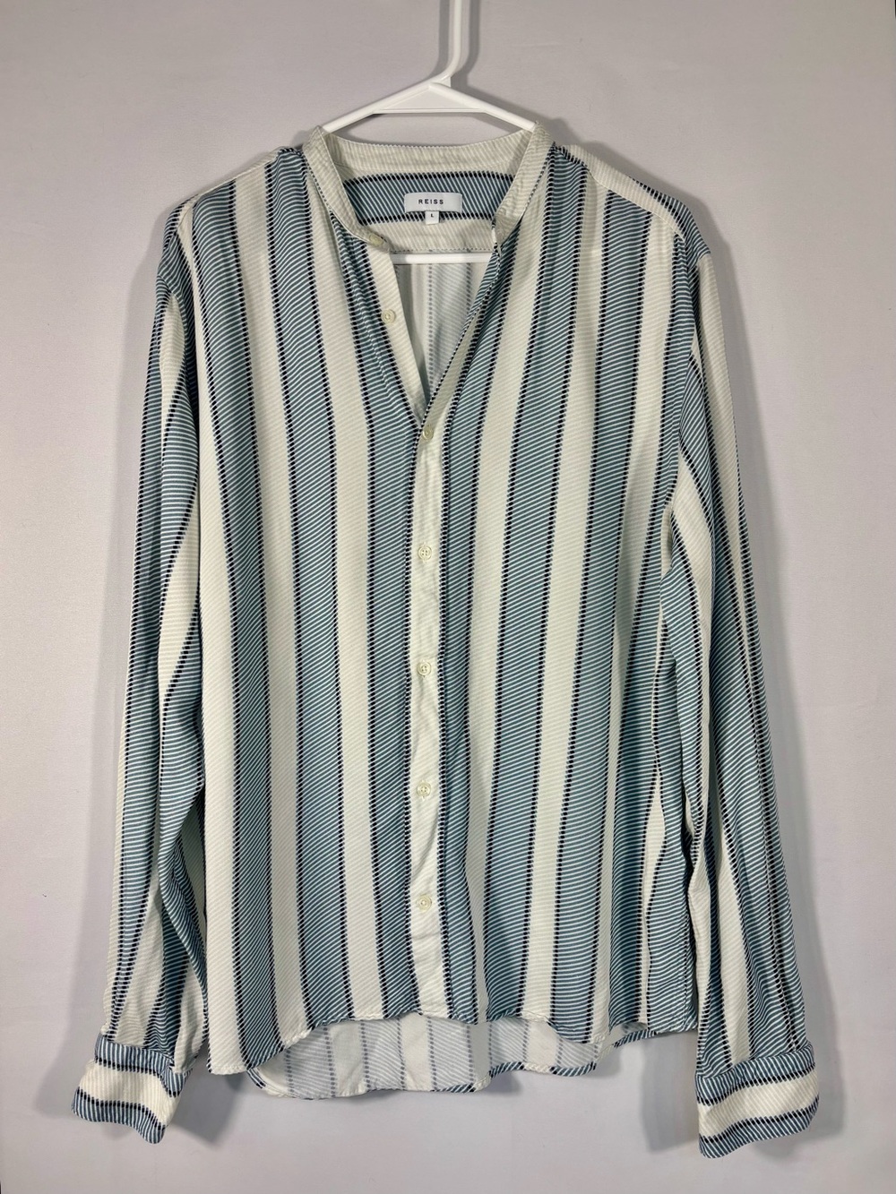 Reiss Blue Ivory Striped 100% Viscose Band Collar Blouse Top Large
